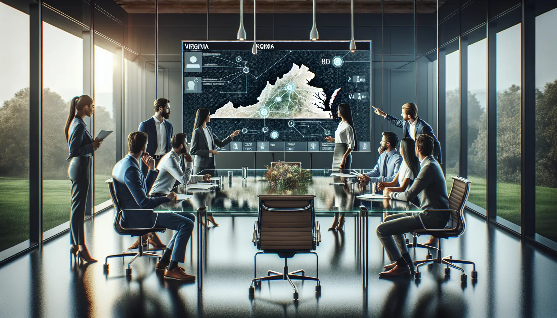 professionals discussing area codes in a modern office.