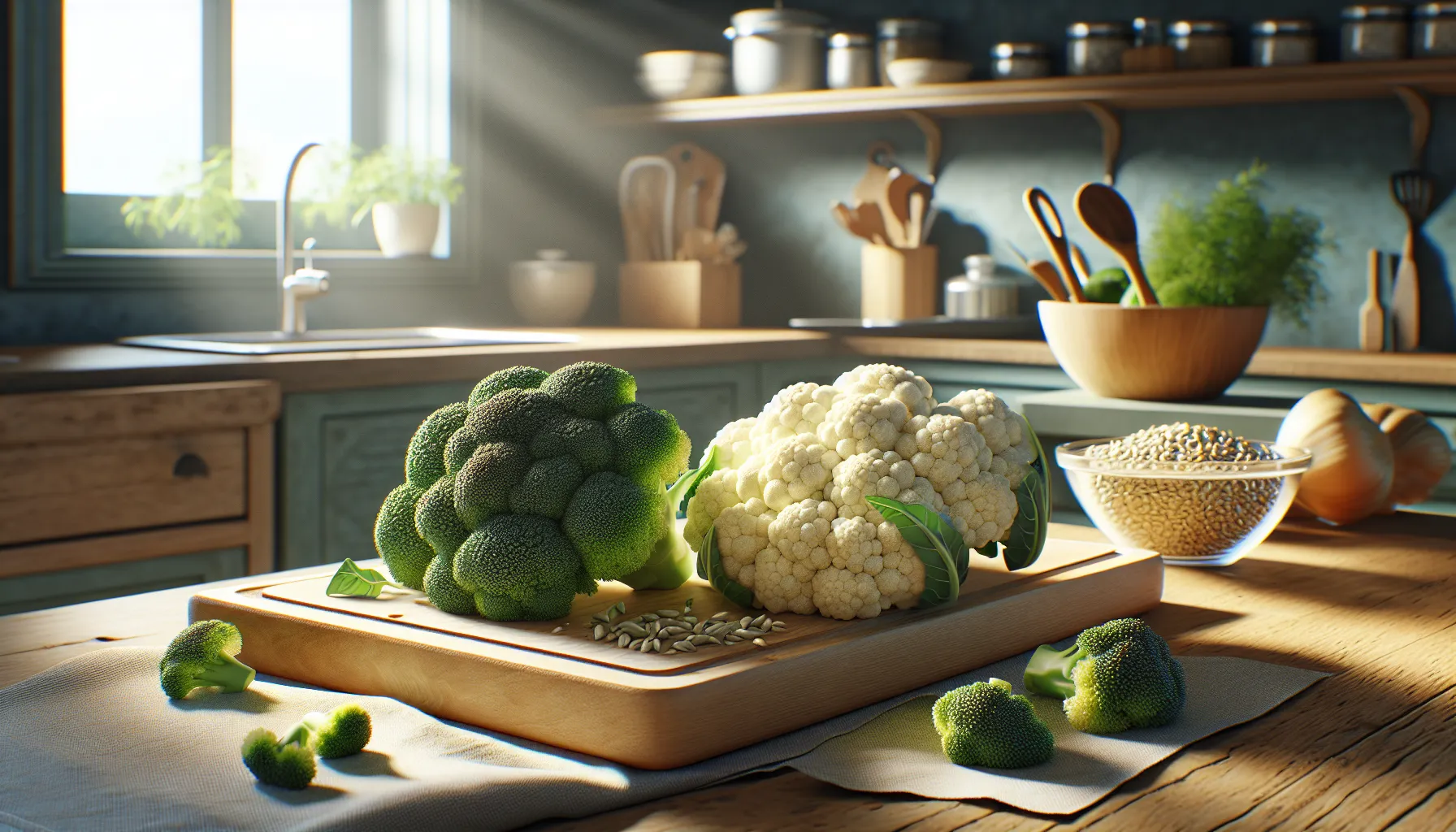 Broccoli and cauliflower florets on a cutting board in a sunlit kitchen.