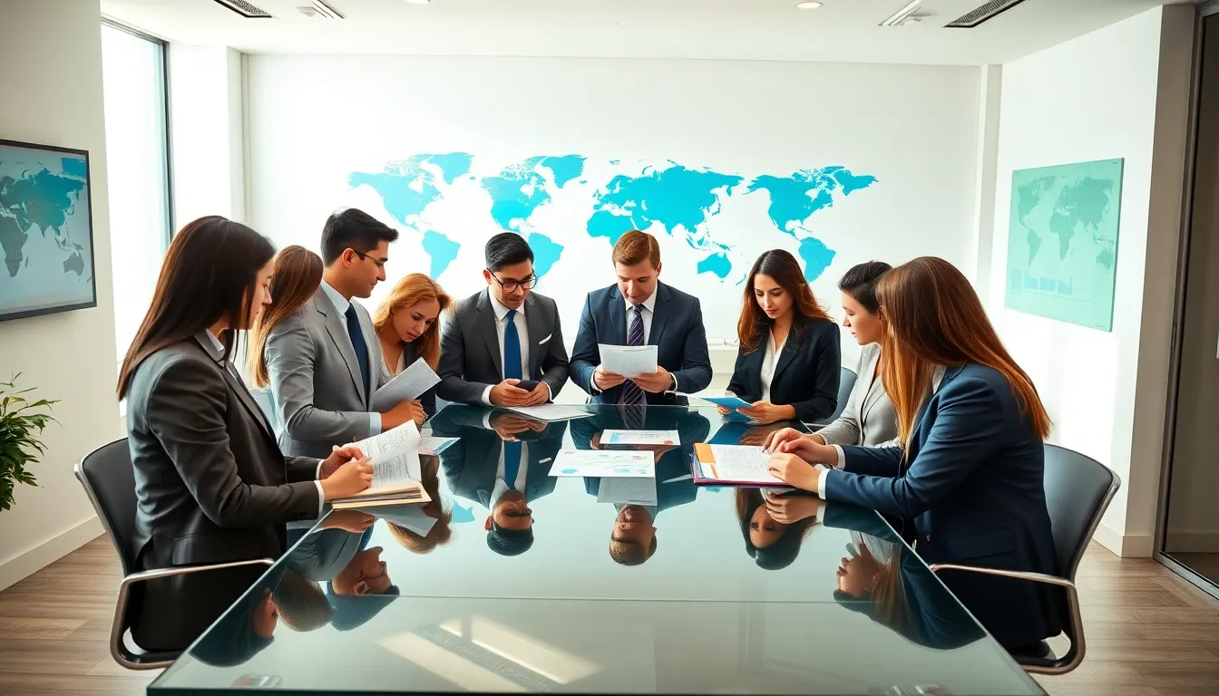 diverse team discussing global affairs in a modern office setting.