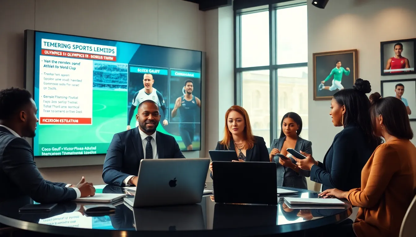 diverse sports professionals discussing trends in a modern newsroom.