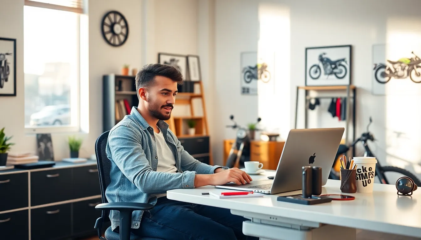 man browsing Formotorbikes.com in a modern workspace.