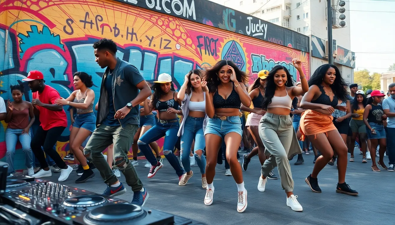 diverse dancers performing hip hop in a vibrant urban setting.