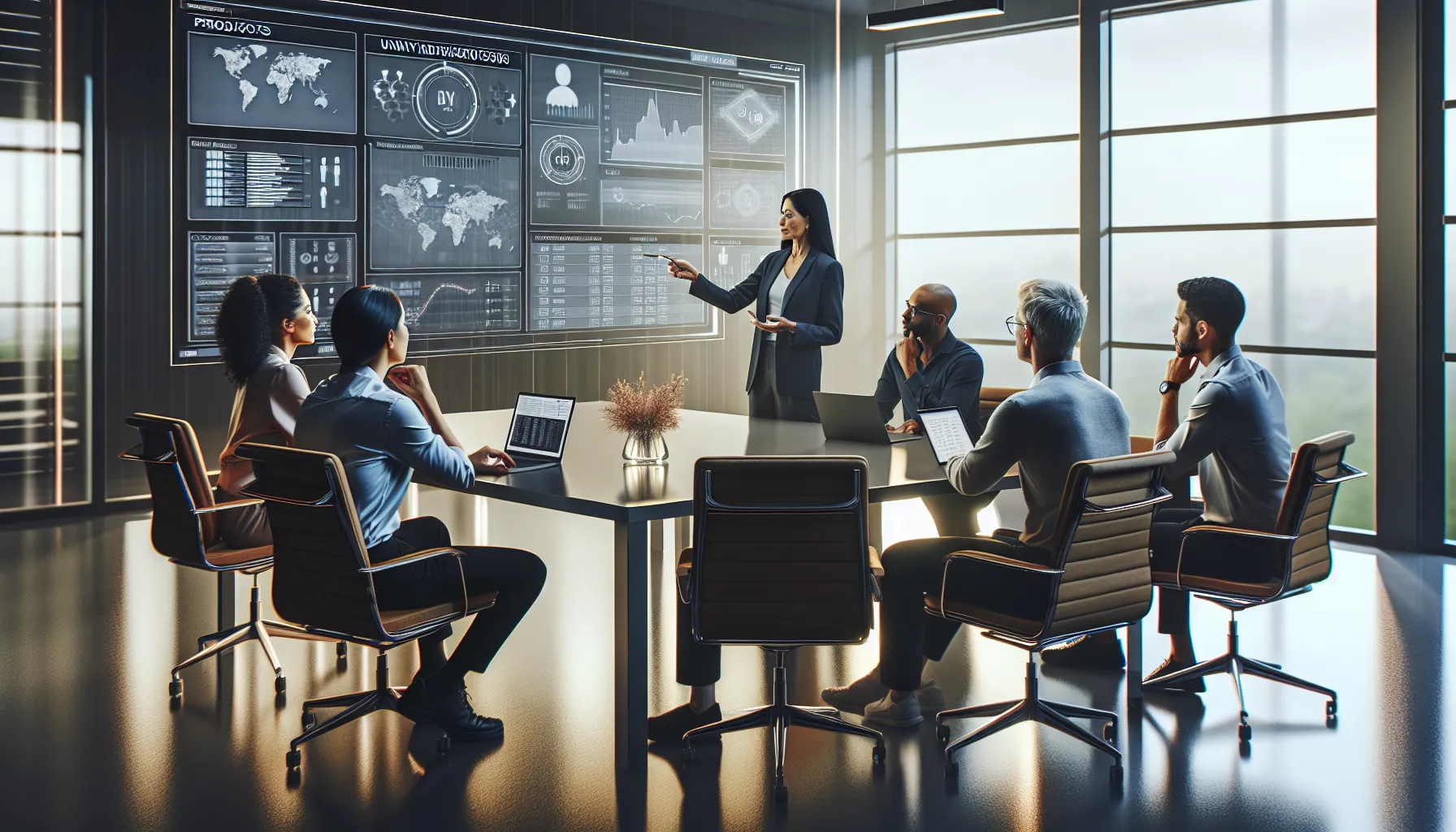 professionals discussing inventory management in a modern office.