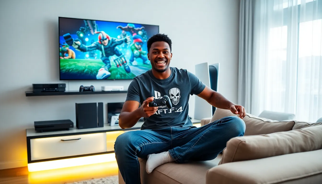 a young man gaming with multiple PlayStation consoles in a cozy room.