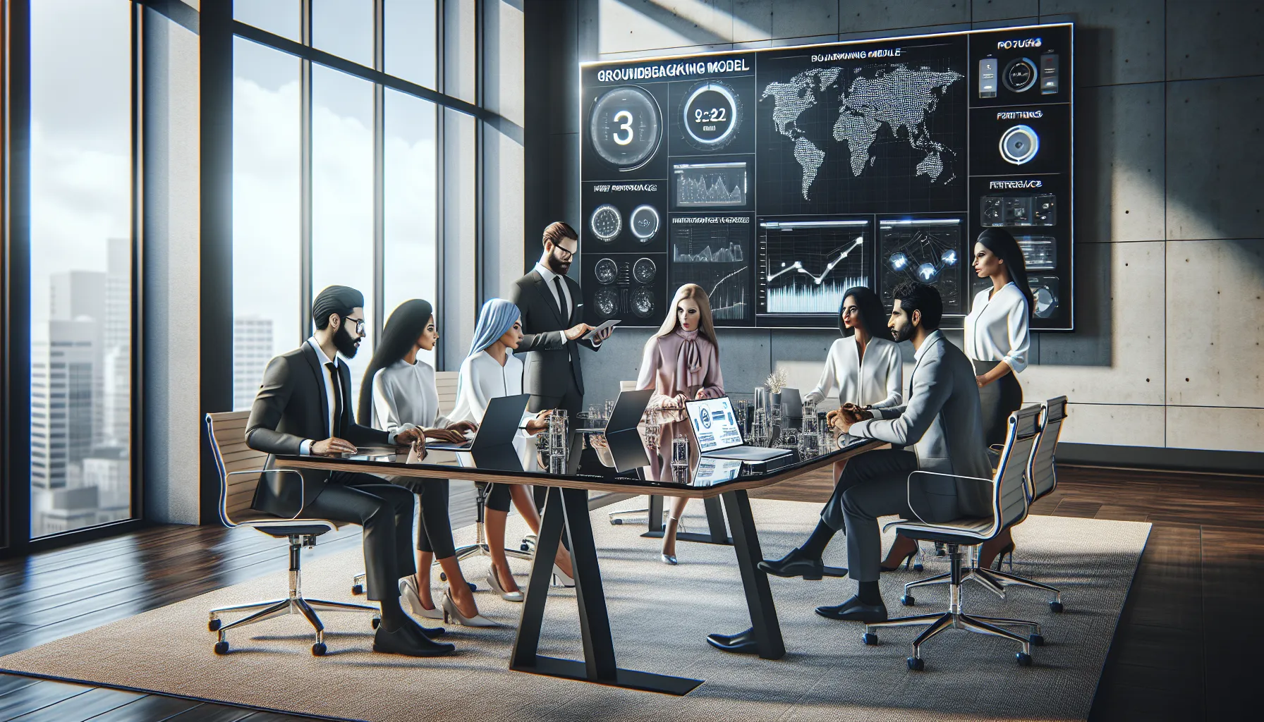 diverse professionals discussing ej291309885au features in a modern office.