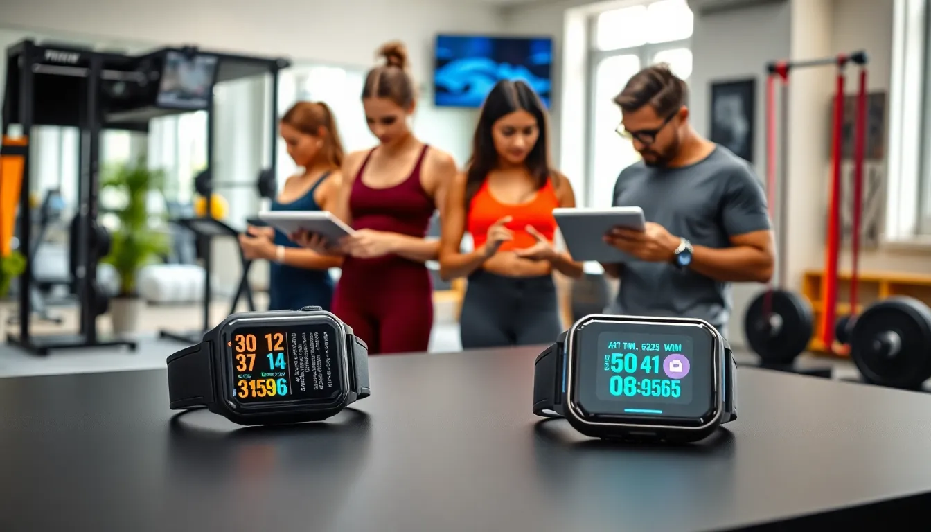 variety of modern fitness gadgets in a stylish gym setting.