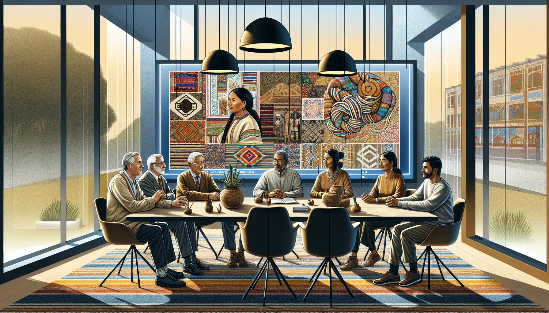 diverse group discussing cultural heritage in a modern office.