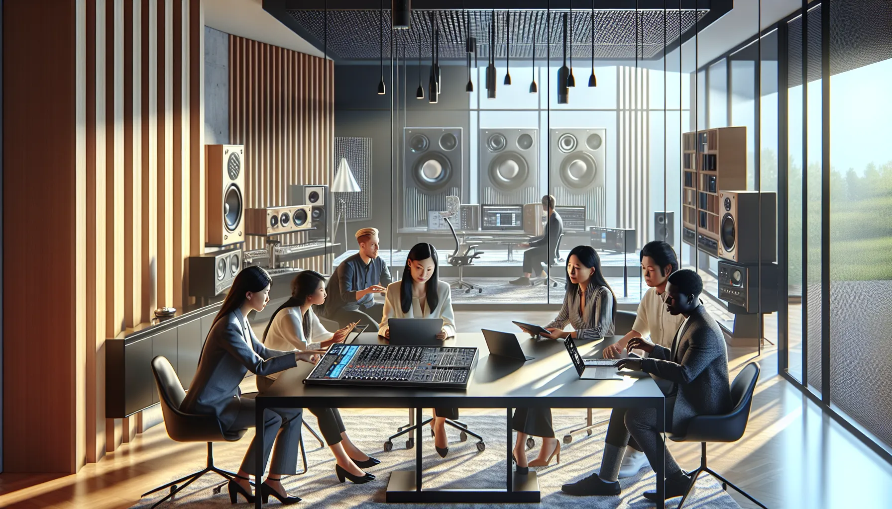 diverse professionals collaborating in a modern workspace on music technology.