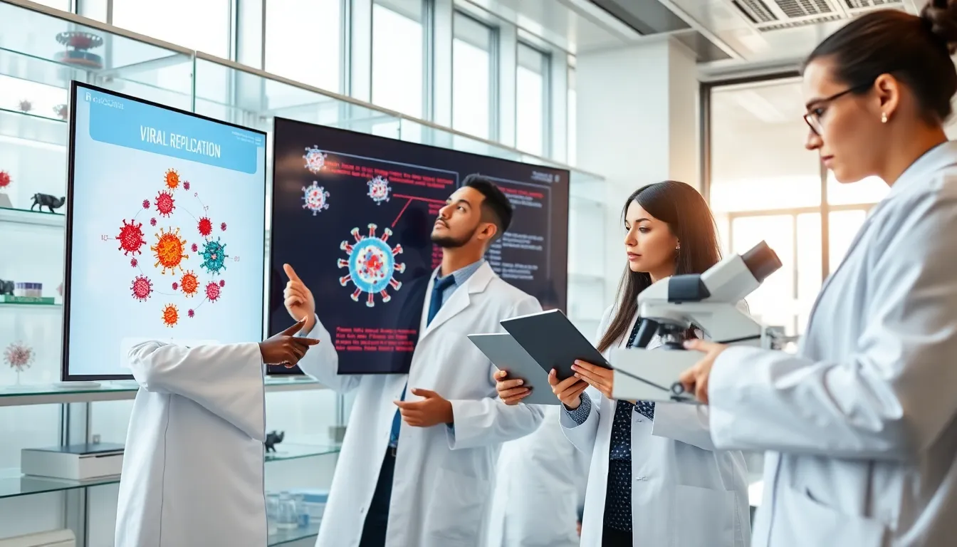 diverse scientists collaborating in a modern lab on viral replication.