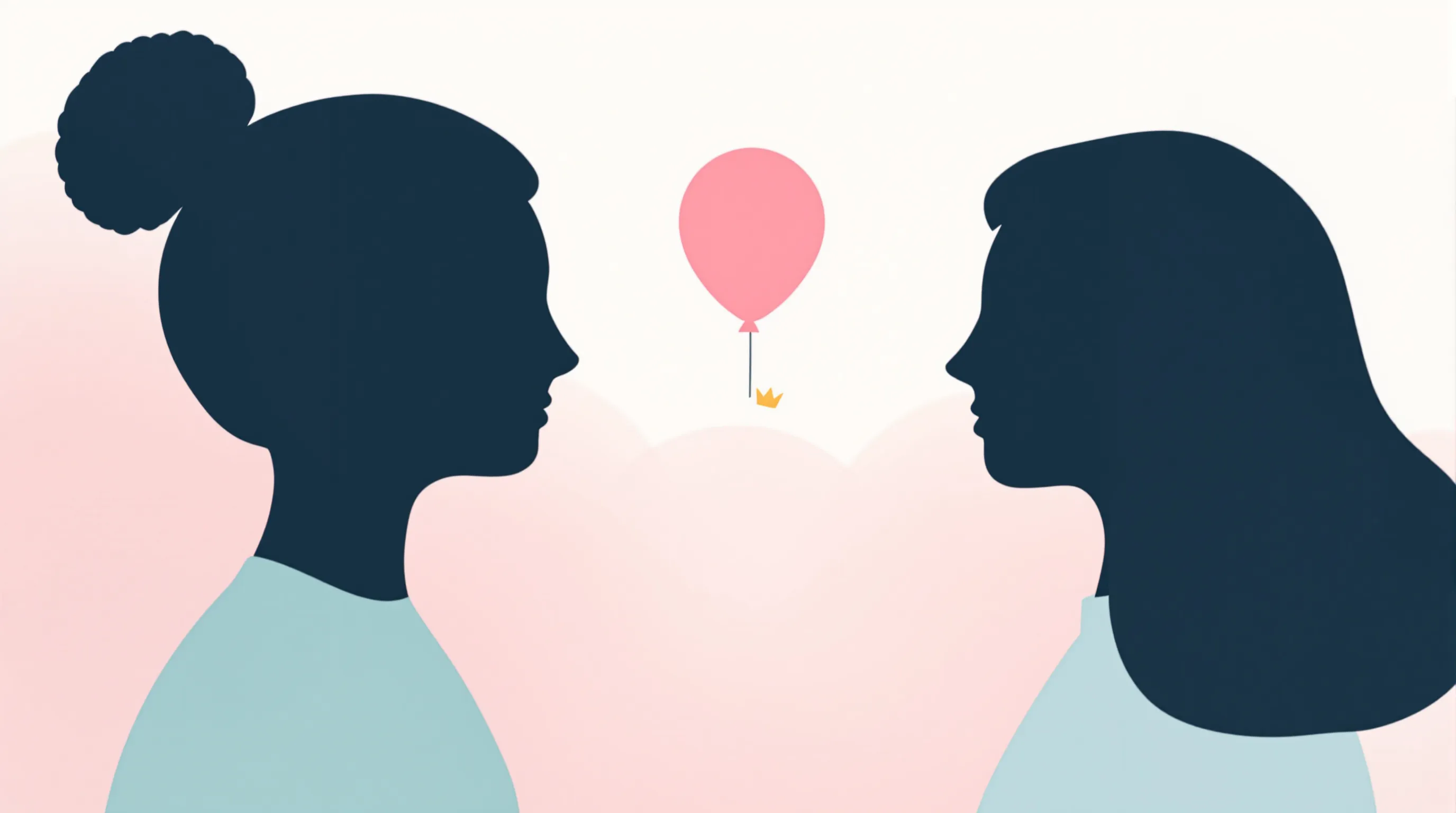 Two minimalist sister silhouettes celebrating birthday with high-five gesture and balloon.