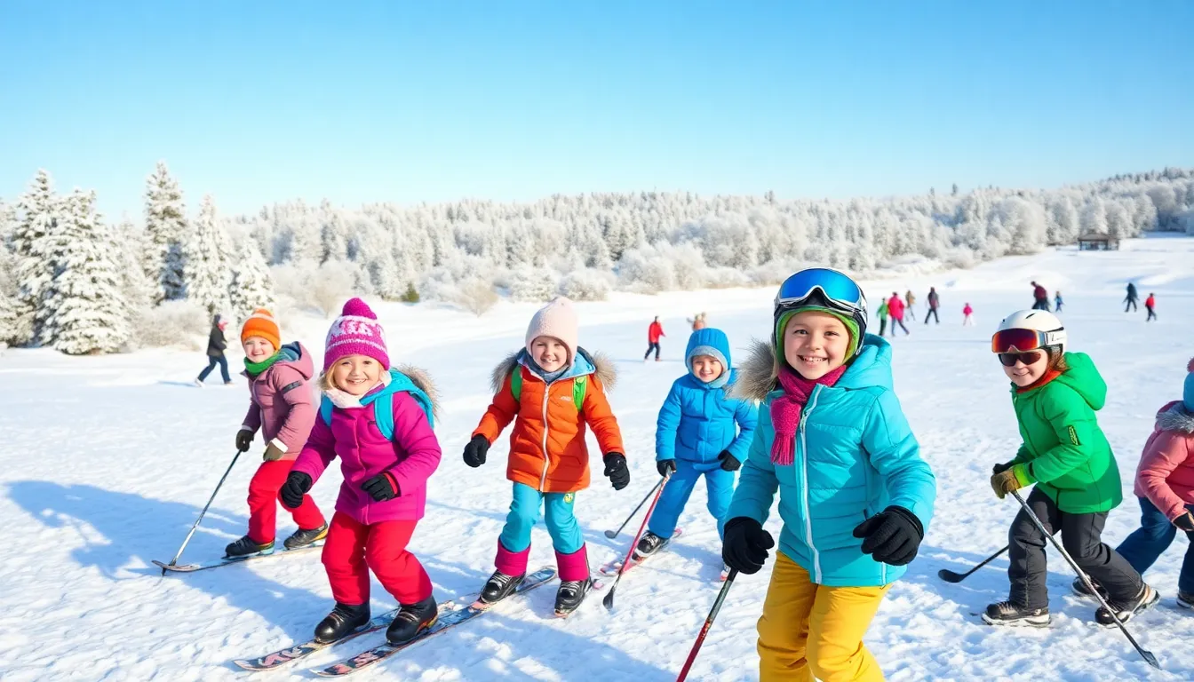 children enjoying winter sports in a snowy landscape.