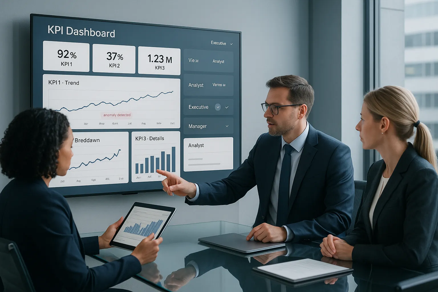 Business team reviewing a clean real-time KPI dashboard in a modern office.