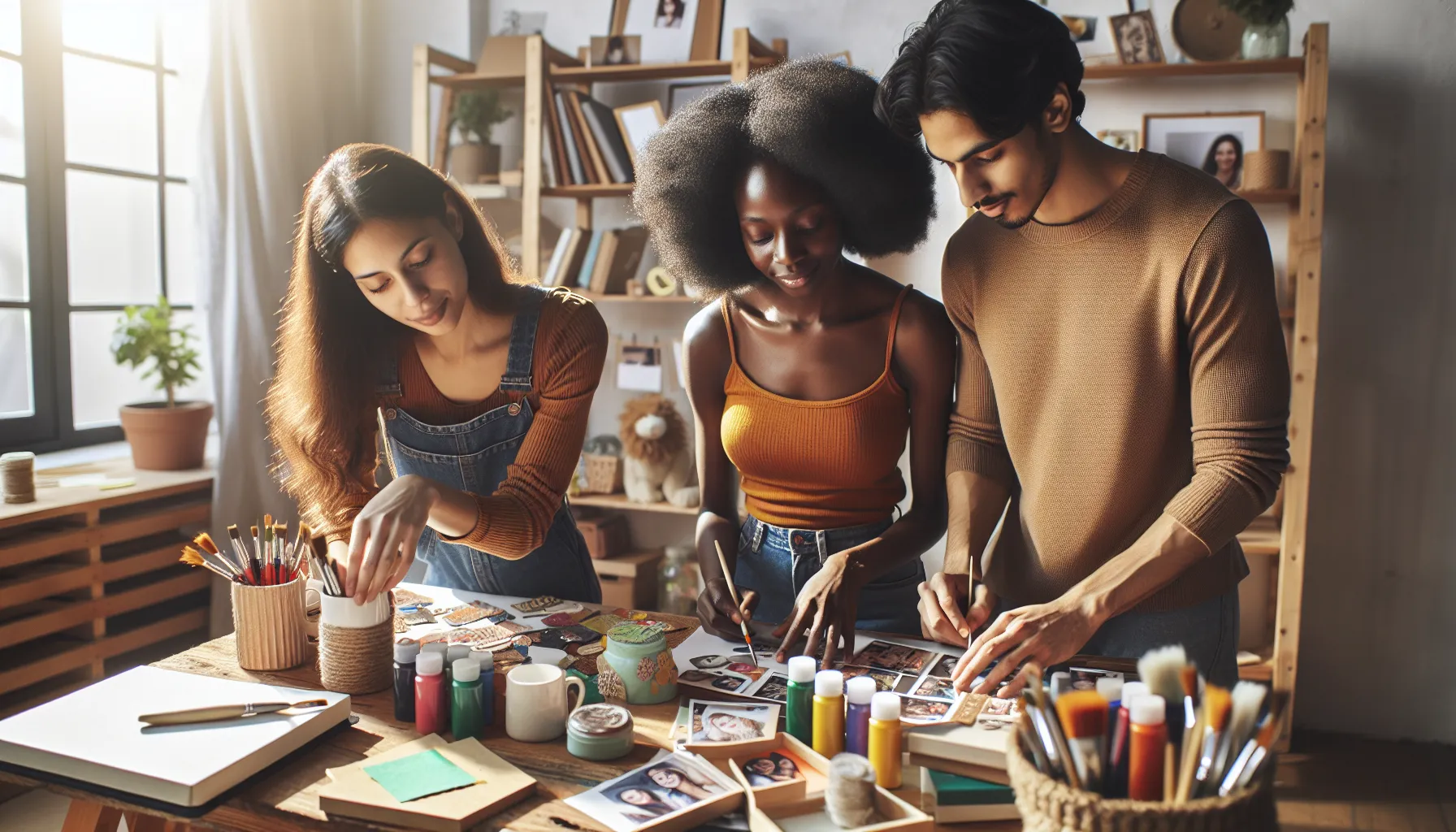 friends crafting DIY gifts at a wooden table.