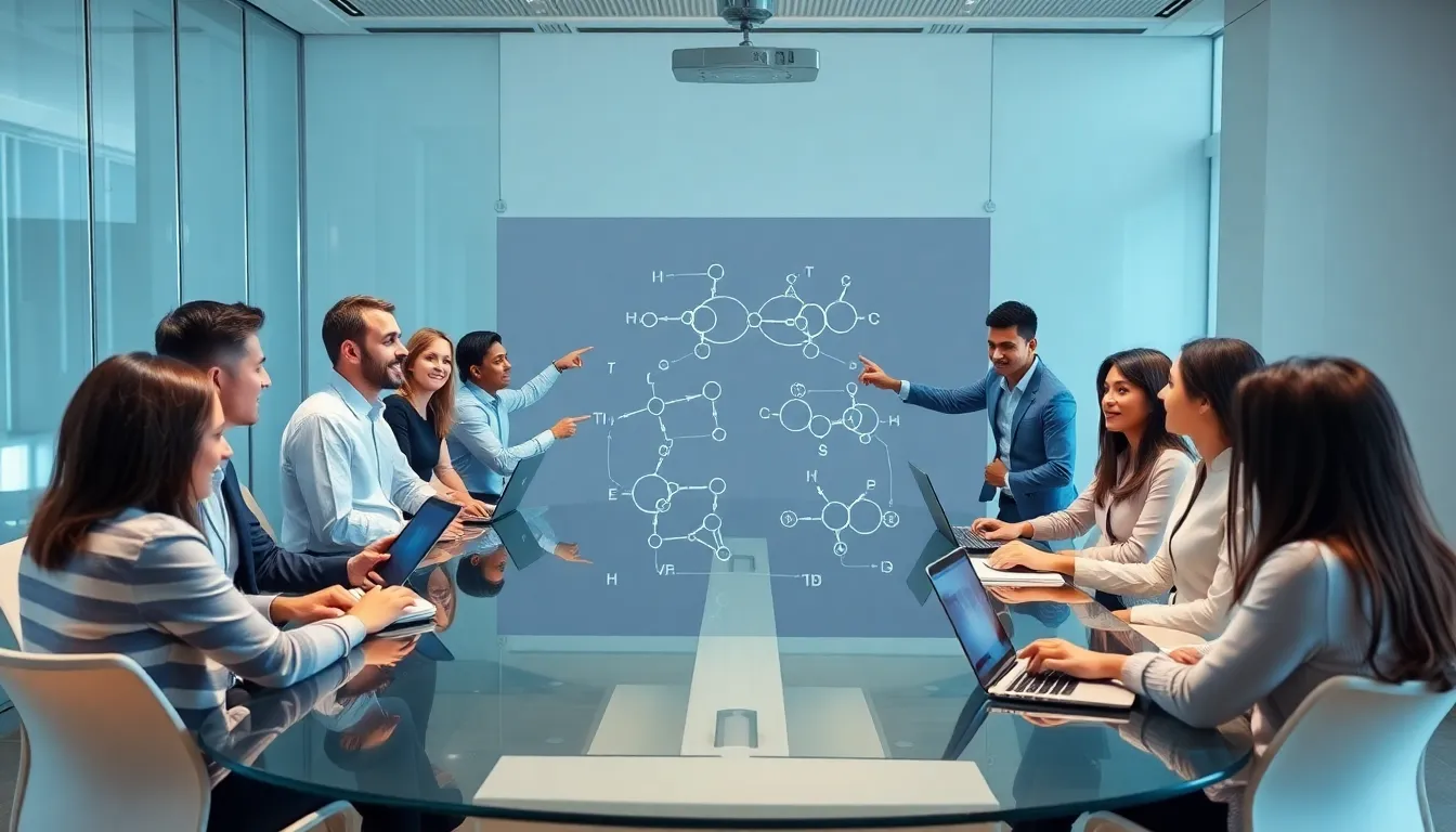 diverse team collaborating in a modern office on Hyperlogic concepts.