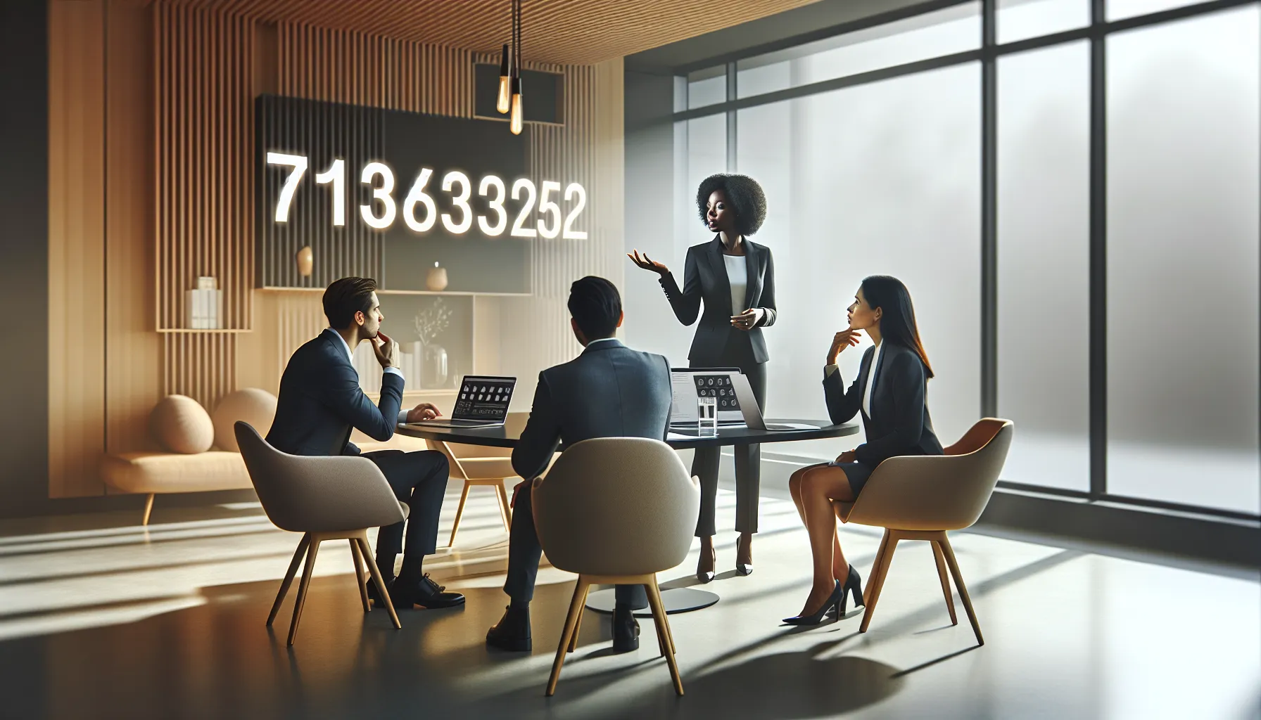 professionals discussing the significance of the number 7138303052 in a modern office.