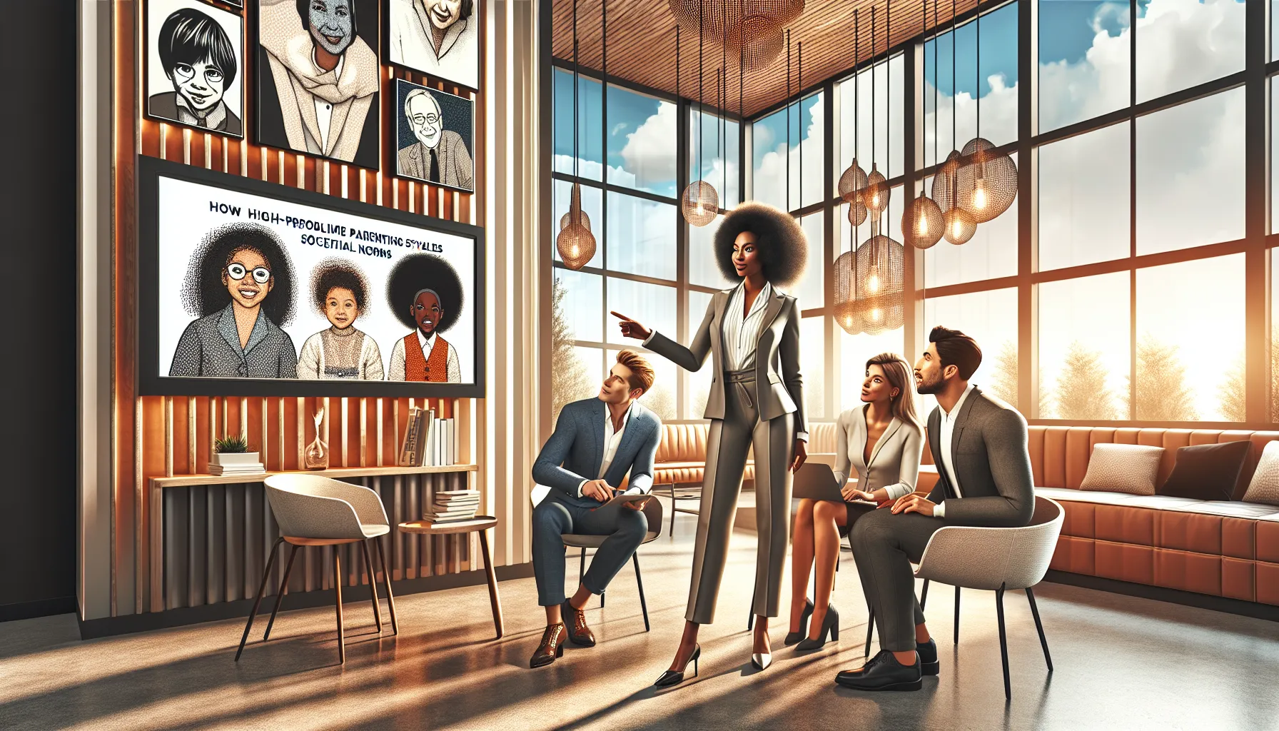 diverse team discussing parenting styles in a modern office.