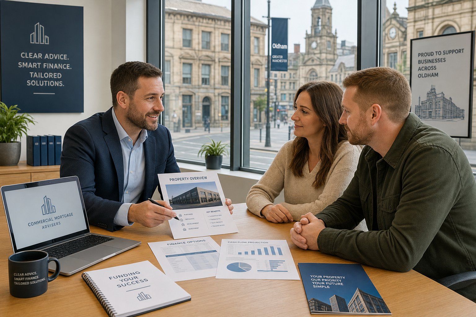 Professional mortgage adviser meeting clients in a bright modern office, reviewing commercial property finance documents with an Oldham urban backdrop.