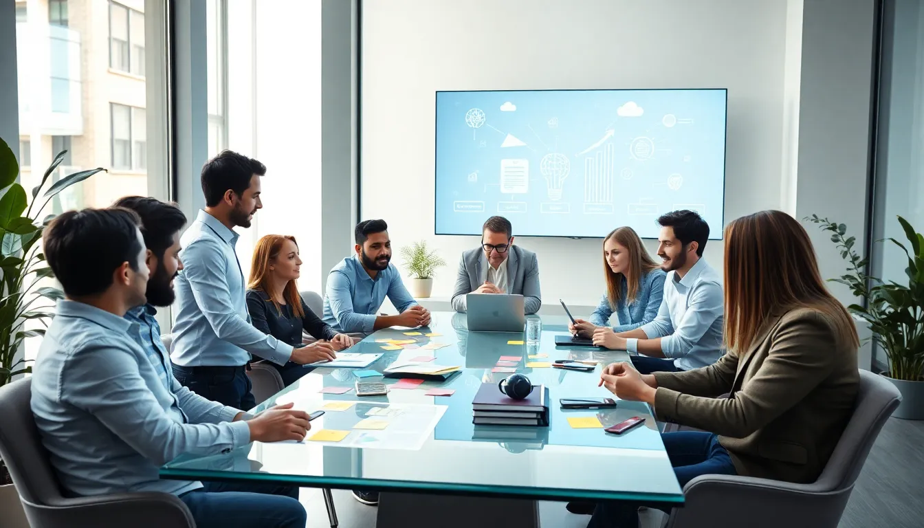 diverse team brainstorming in a modern office setting.