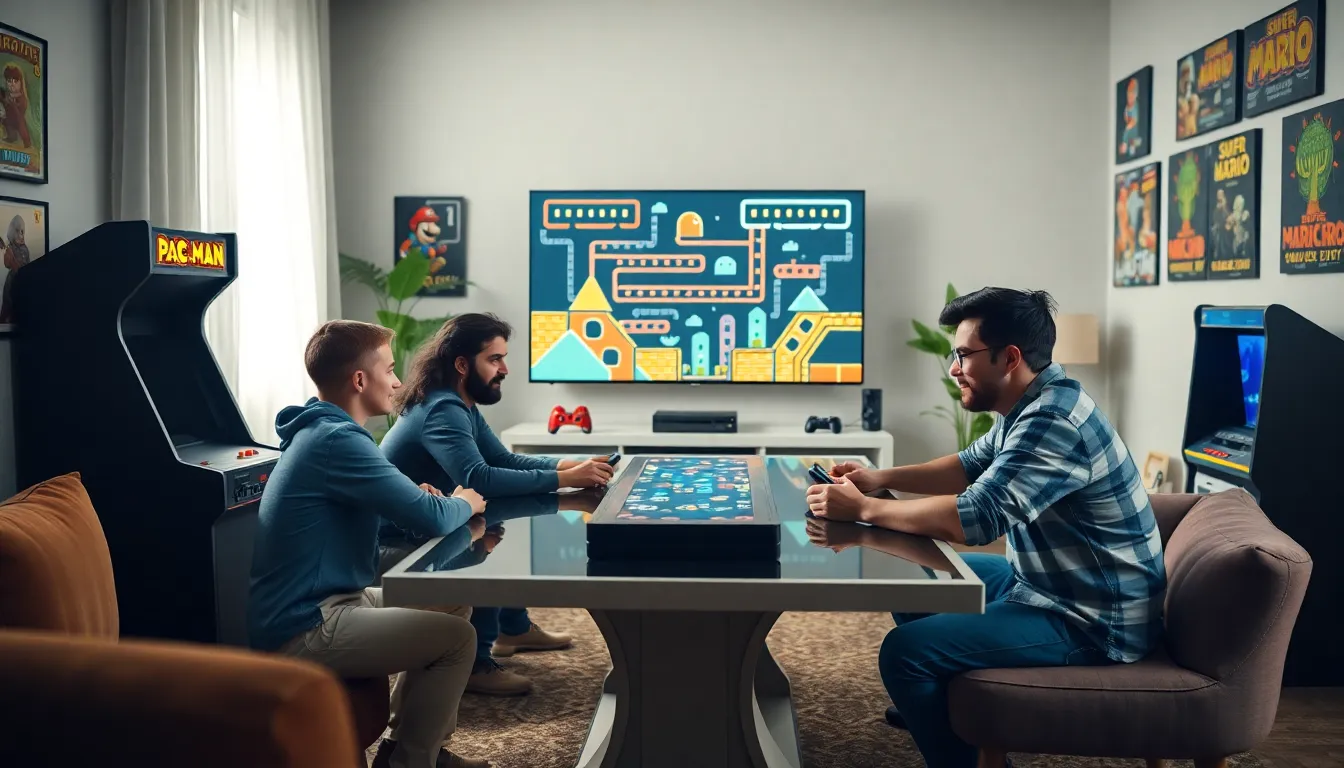diverse gamers enjoying old school video games in a nostalgic setting.