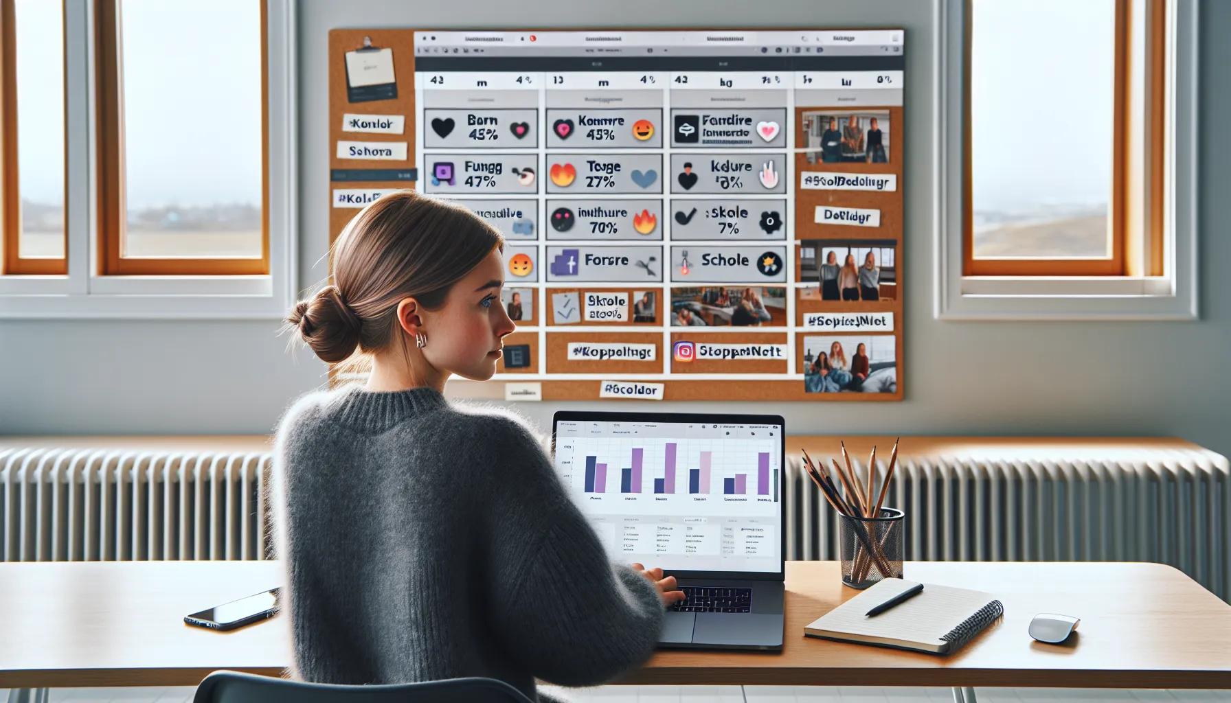 Norwegian coordinator plans anti-bullying social media strategy on laptop with goals.