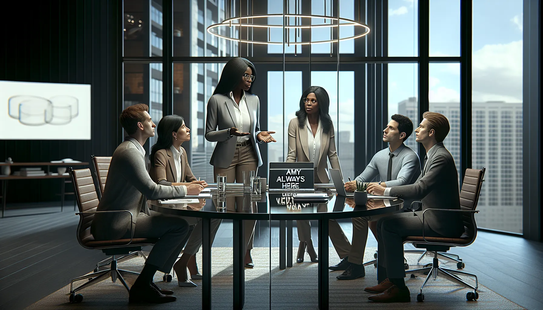 diverse professionals discussing communication in a modern office setting.