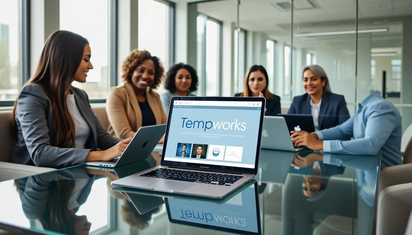 diverse professionals collaborating with Tempworks Software in a modern office.
