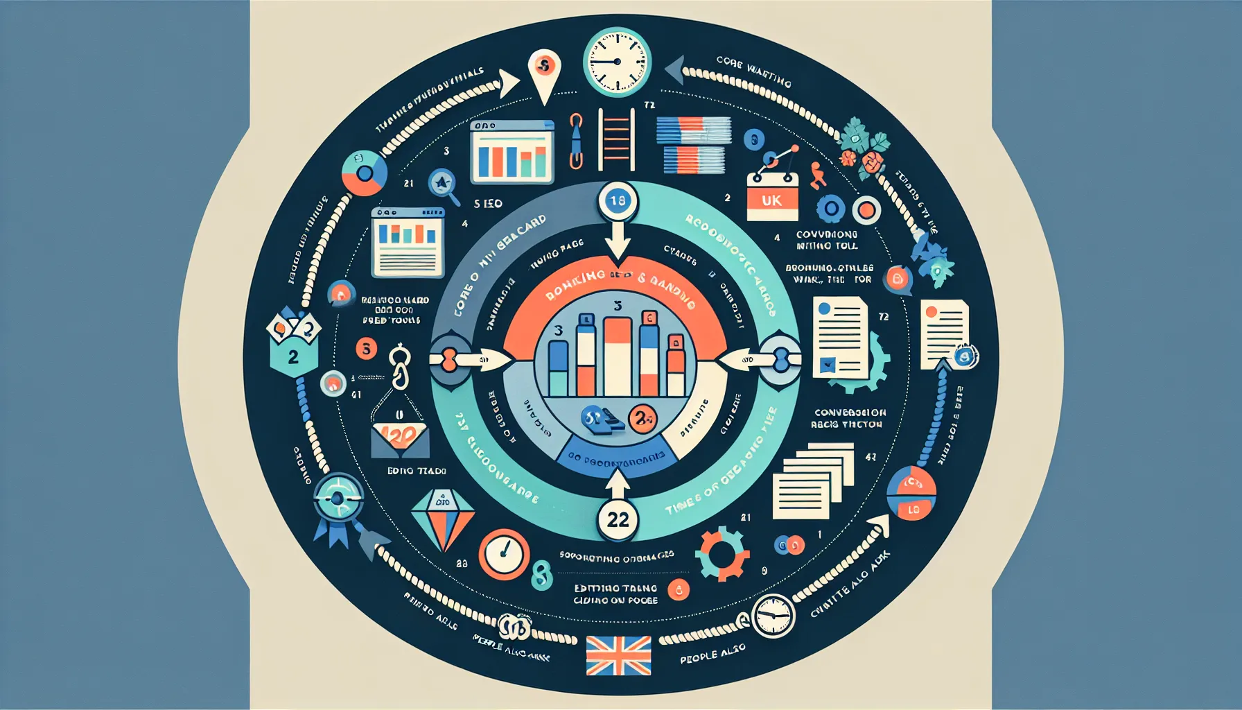 Circular UK-themed SEO loop showing benchmarks, monitoring metrics, and content updates.