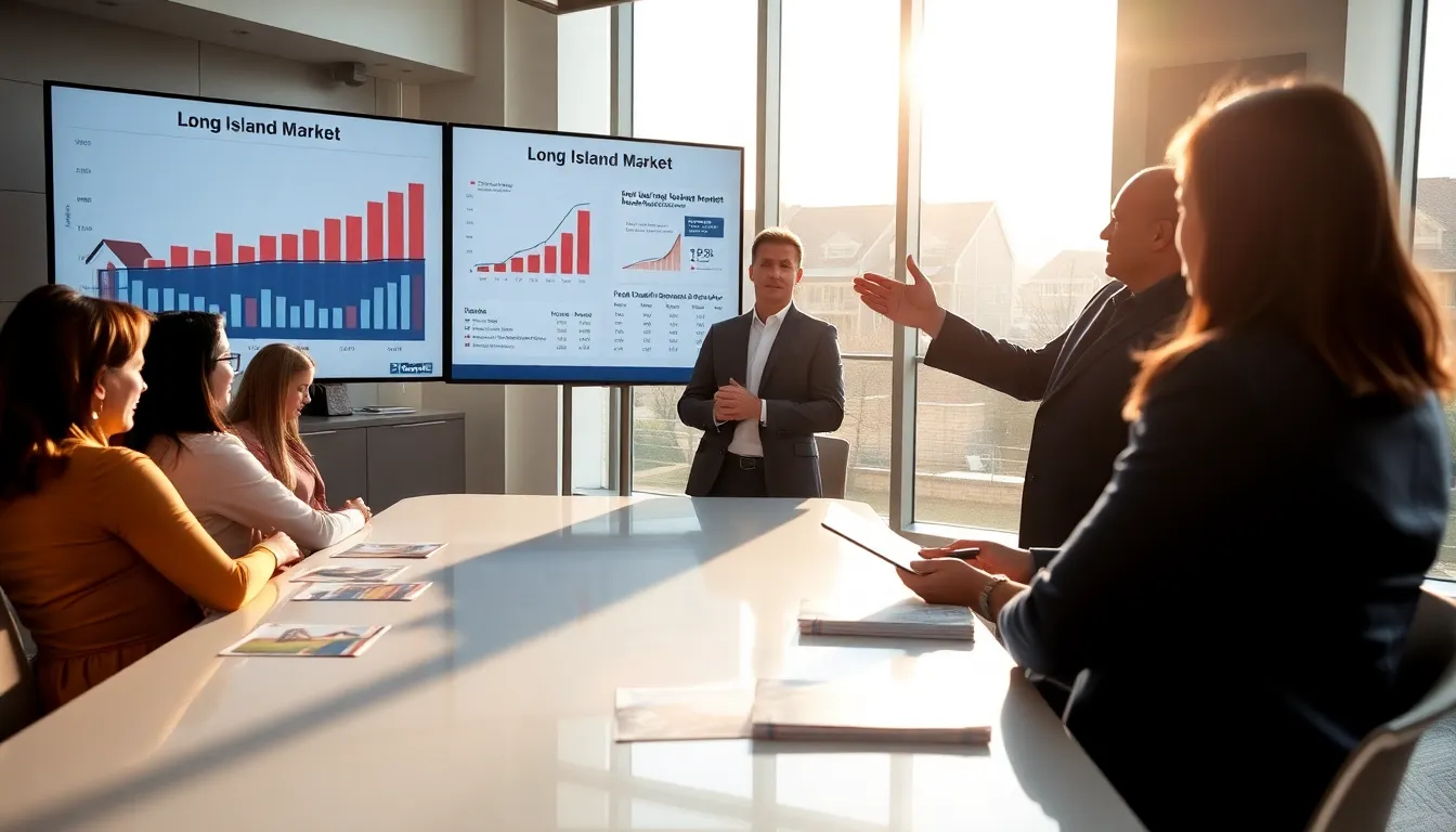 real estate agent presenting Long Island housing trends to clients in an office.