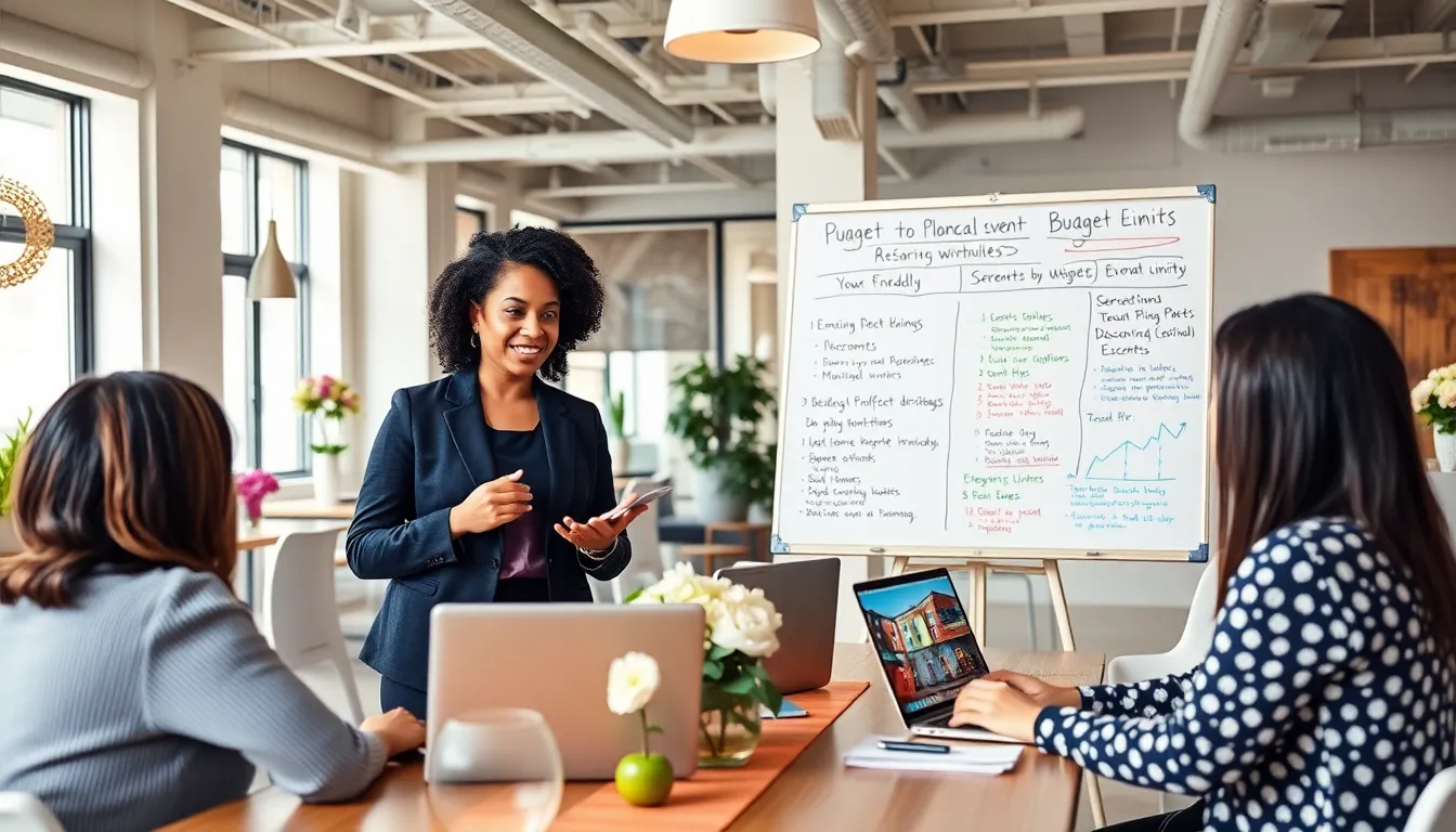 diverse team reviewing budget-friendly event planning ideas in a modern office.
