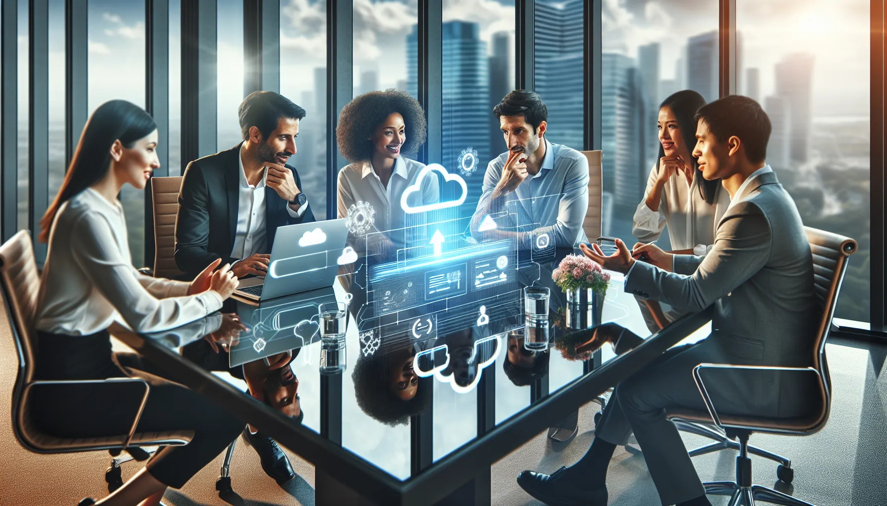 diverse team collaborating in a modern office on cloud services.