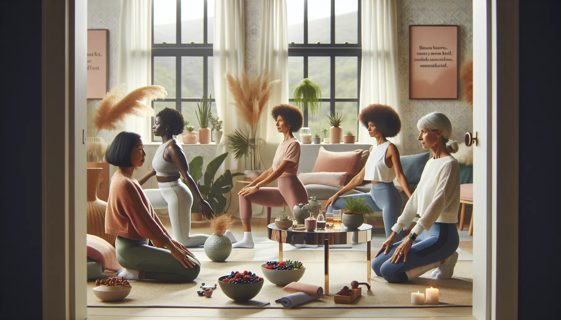 mature women practicing yoga and discussing beauty tips in a cozy setting.