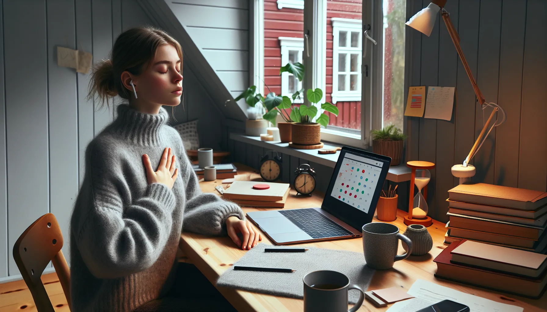 Norwegian student pauses to breathe at a cluttered desk by window.