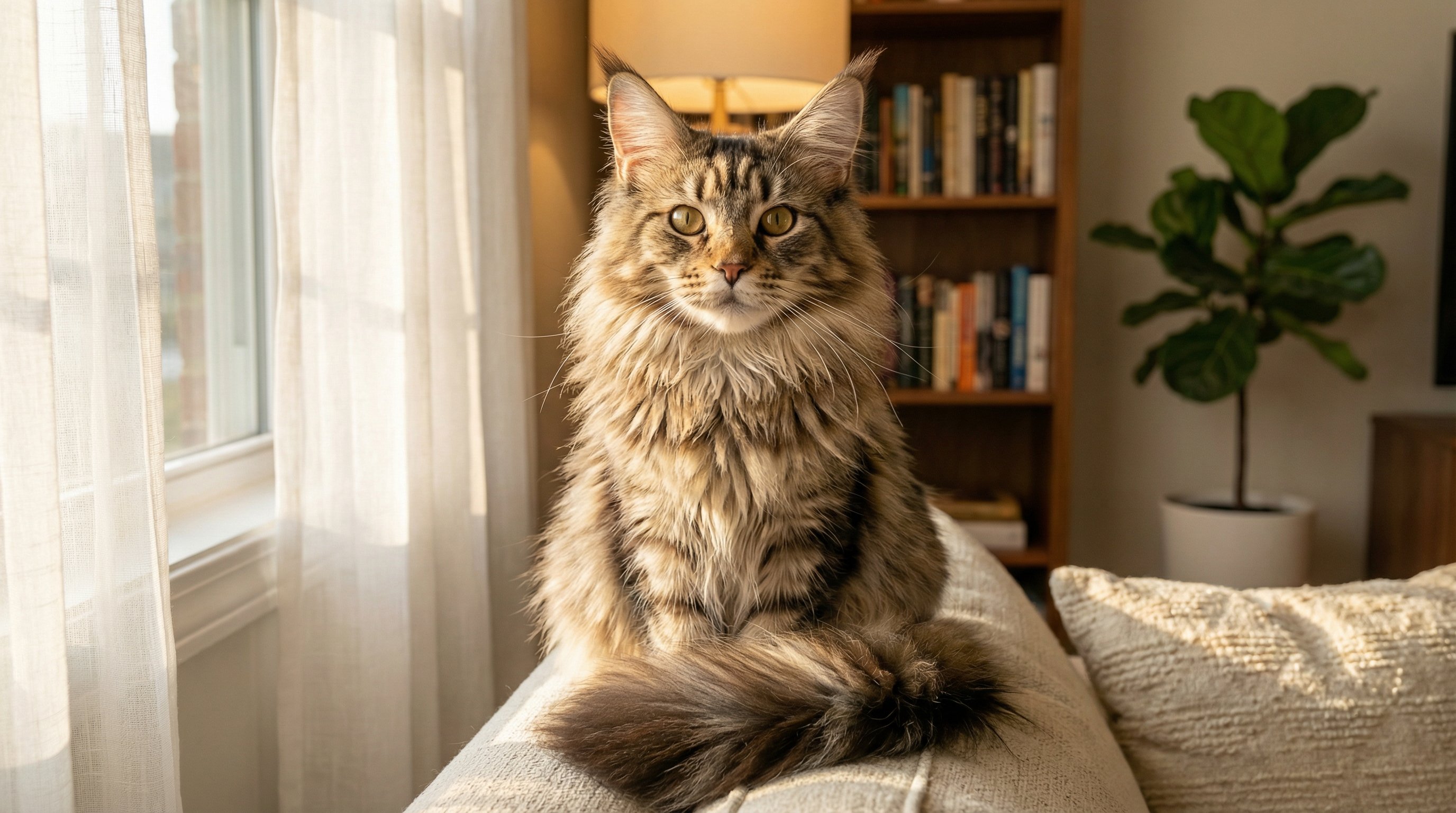 A Maine Coon cat with lynx-tipped ears sitting by a sunlit window.