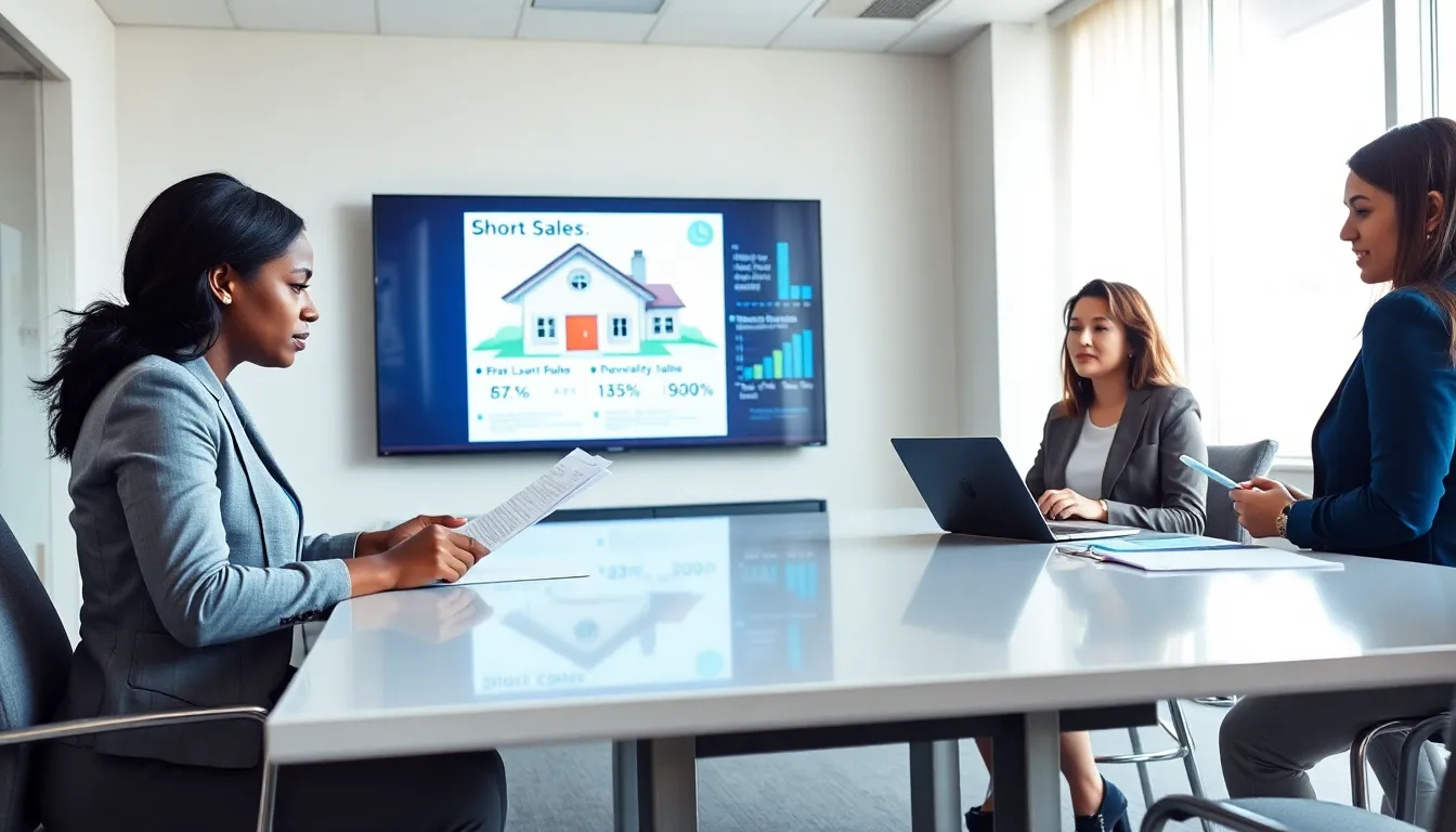 diverse real estate team discussing short sale properties in a modern office.