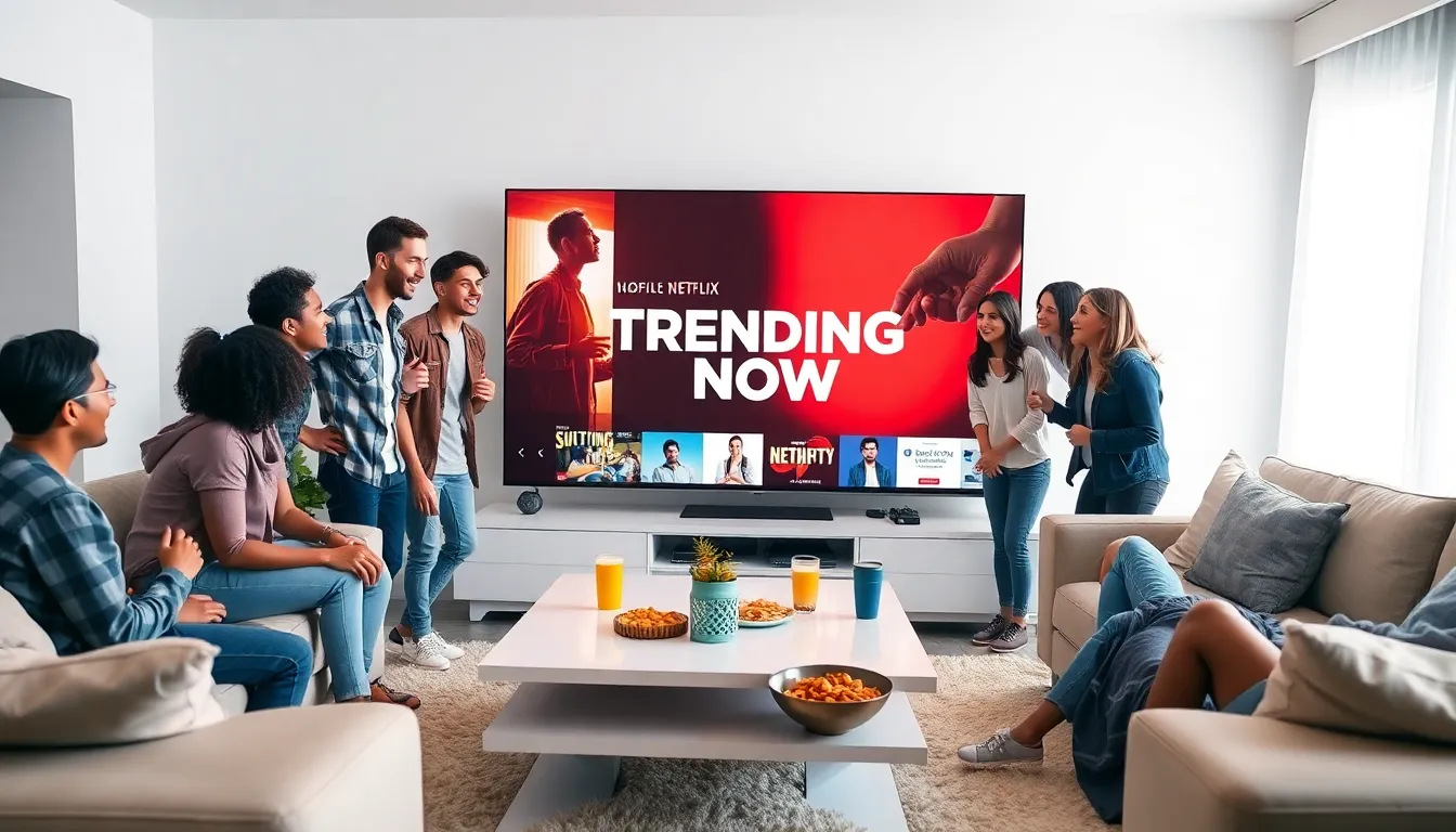 diverse group playing the Netflix Trending Now Game in a cozy living room.