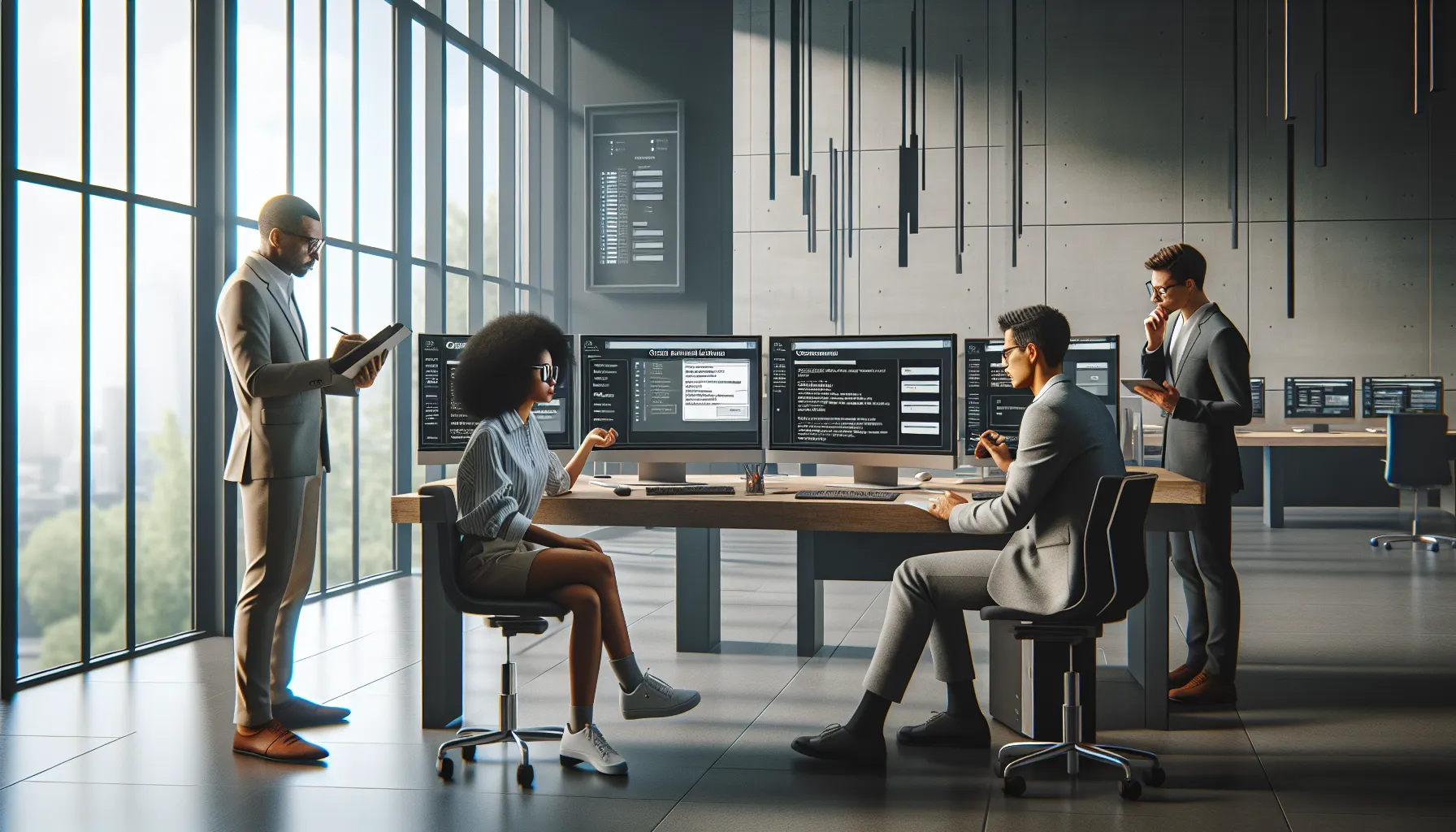 IT professionals troubleshooting a console installation issue in a modern office.