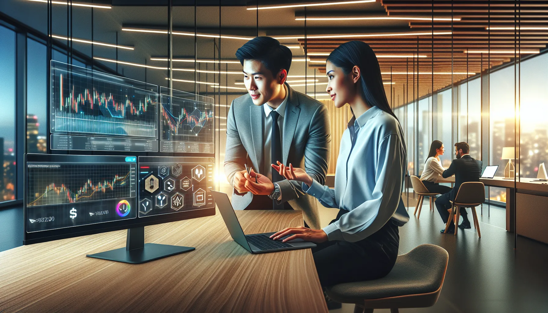 professionals collaborating over laptops in a modern office.