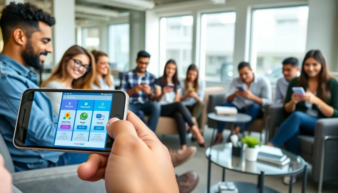 diverse group of young professionals using a money-earning mobile app.