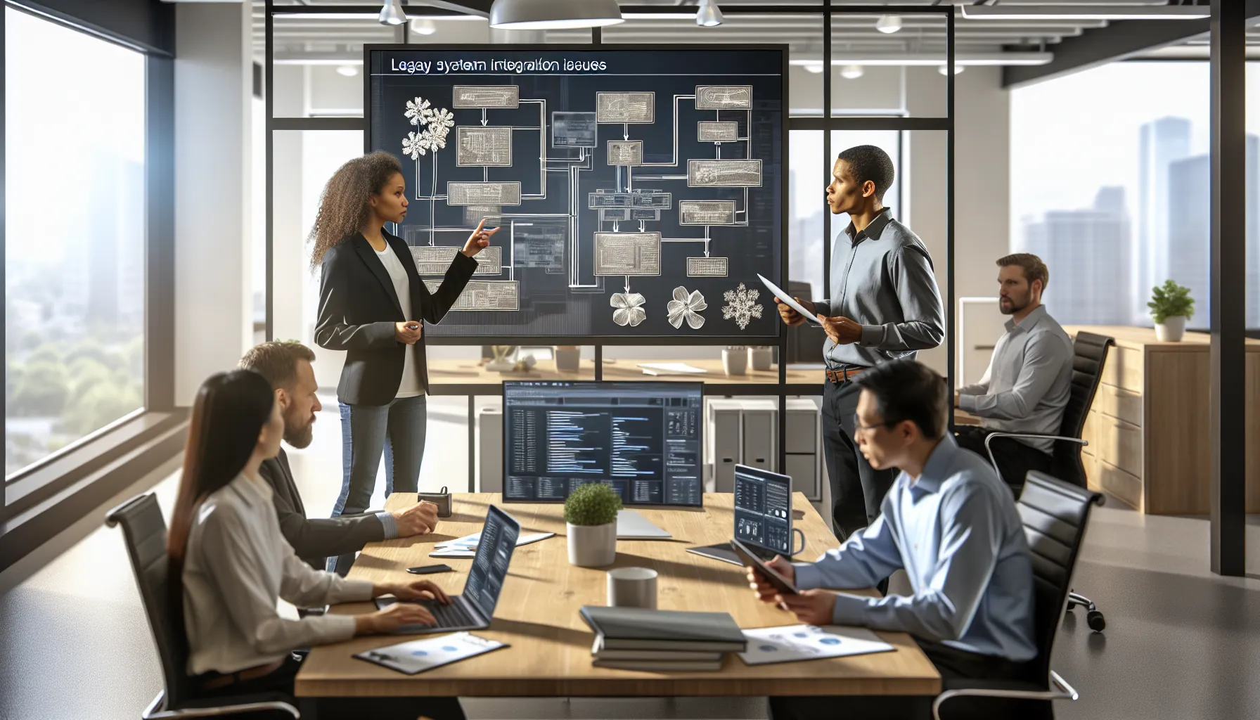 diverse team discussing challenges of Wbegpf in a modern office.