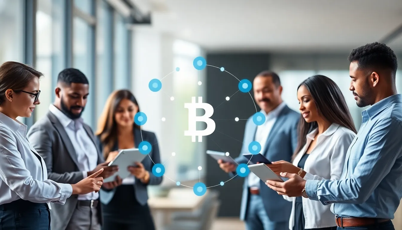 diverse professionals discussing cryptocurrency in a modern office setting.