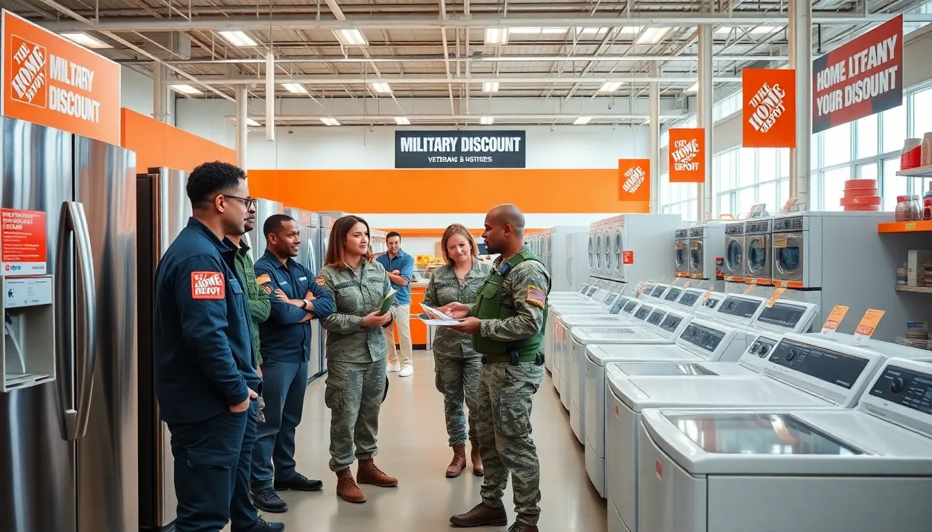 military personnel exploring appliance discounts in a Home Depot store.