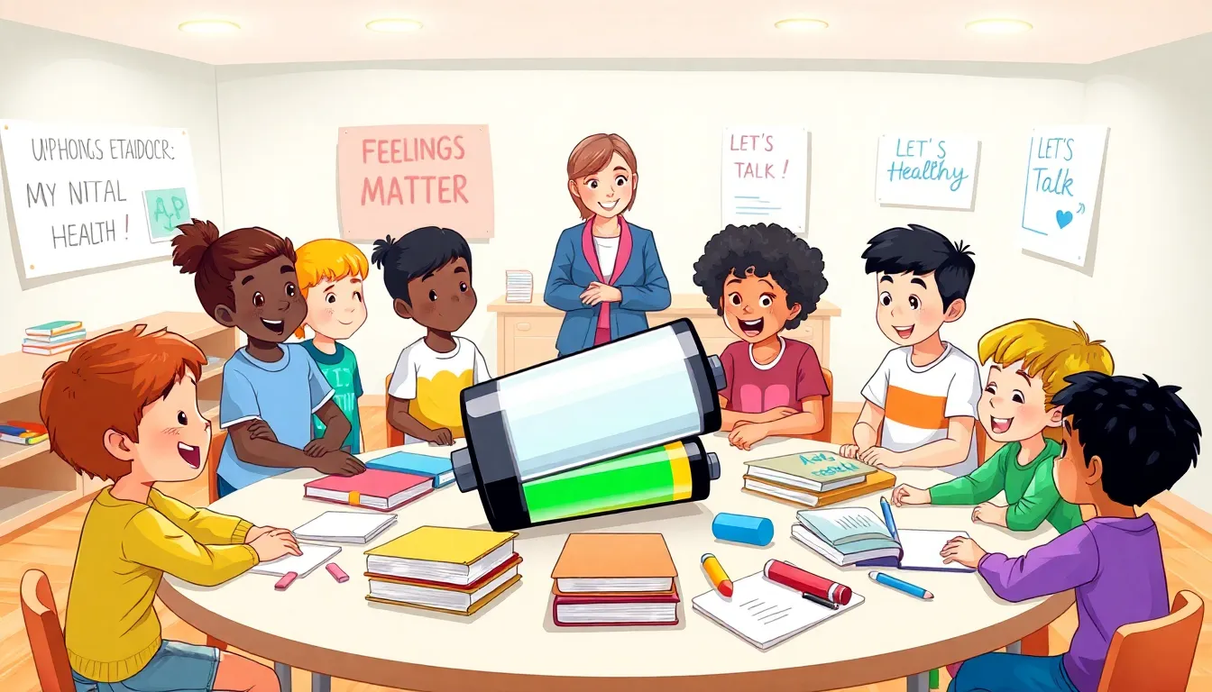 children discussing mental health in a bright, colorful classroom.