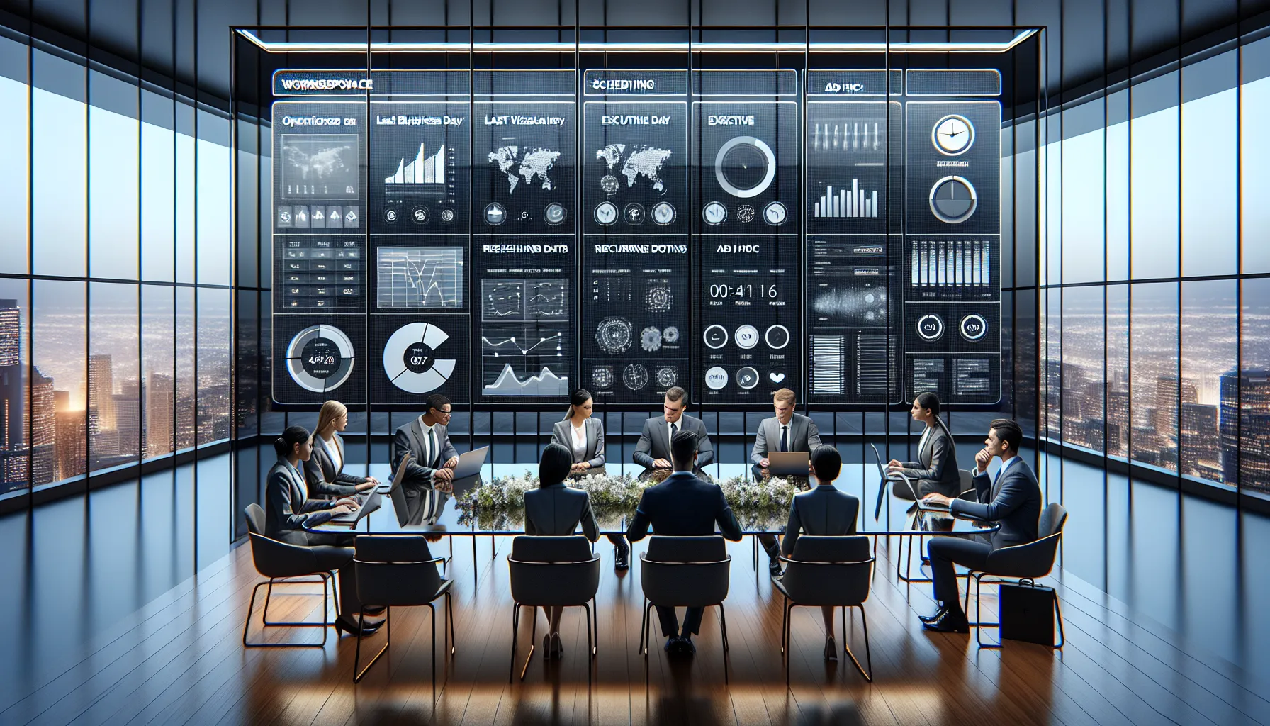 Analytics team planning Power BI report scheduling strategy in a modern office.