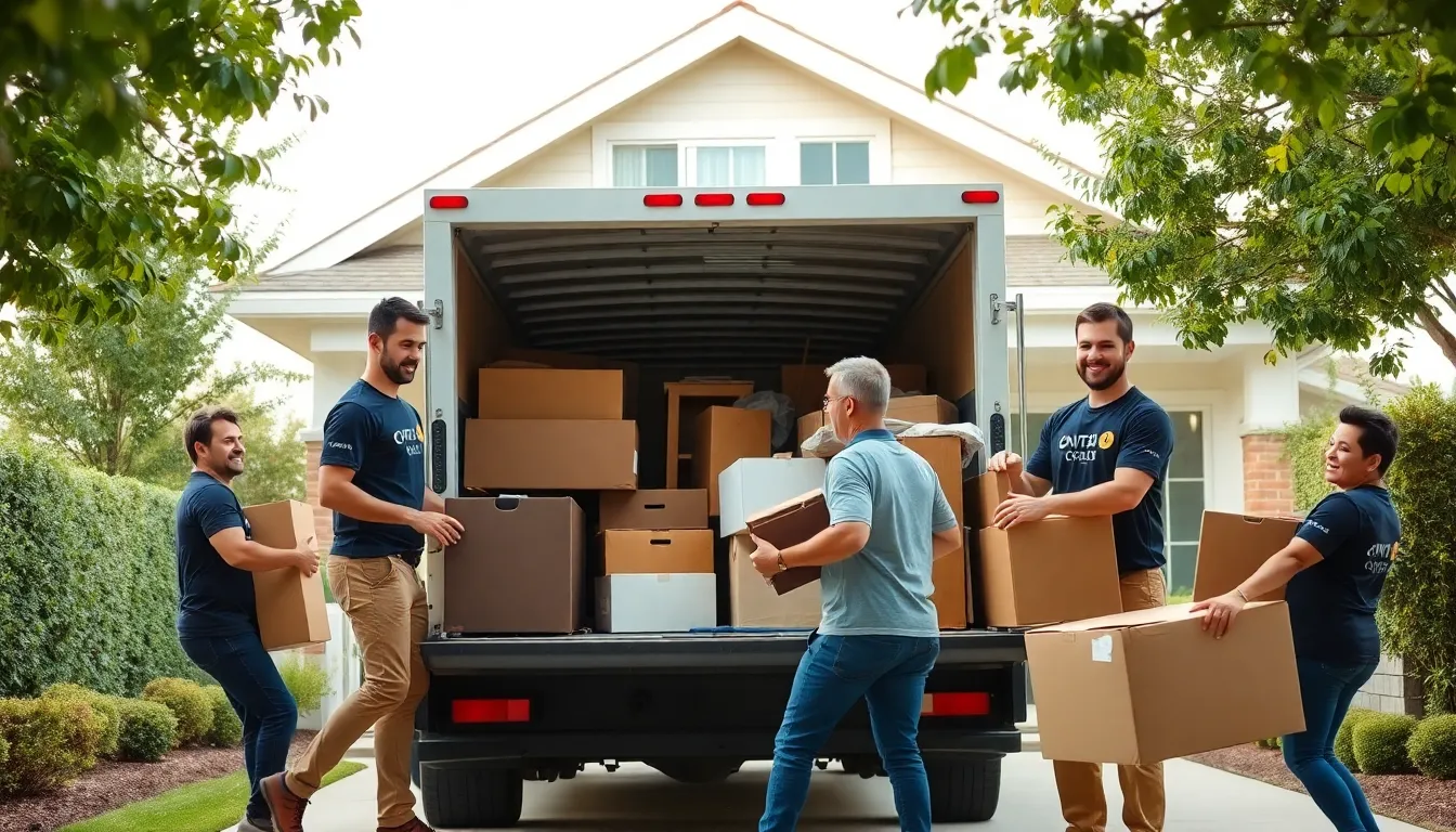 diverse team loading junk into a truck in a residential area.