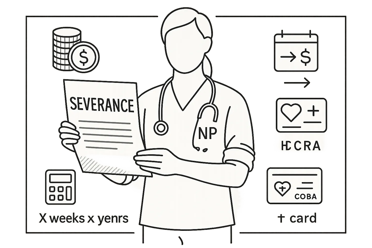 Nurse practitioner holding a severance contract surrounded by severance icons.