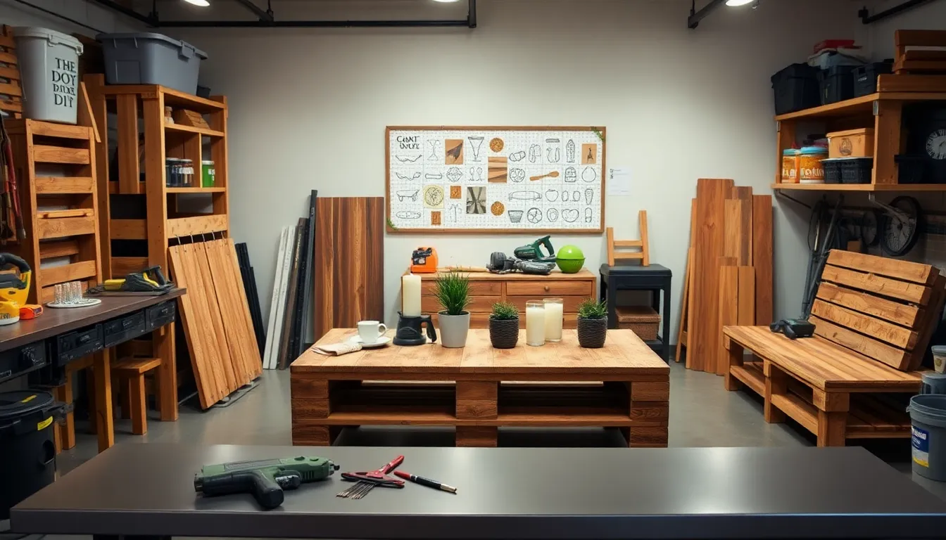 DIY projects made from reclaimed wood pallets in a workshop.