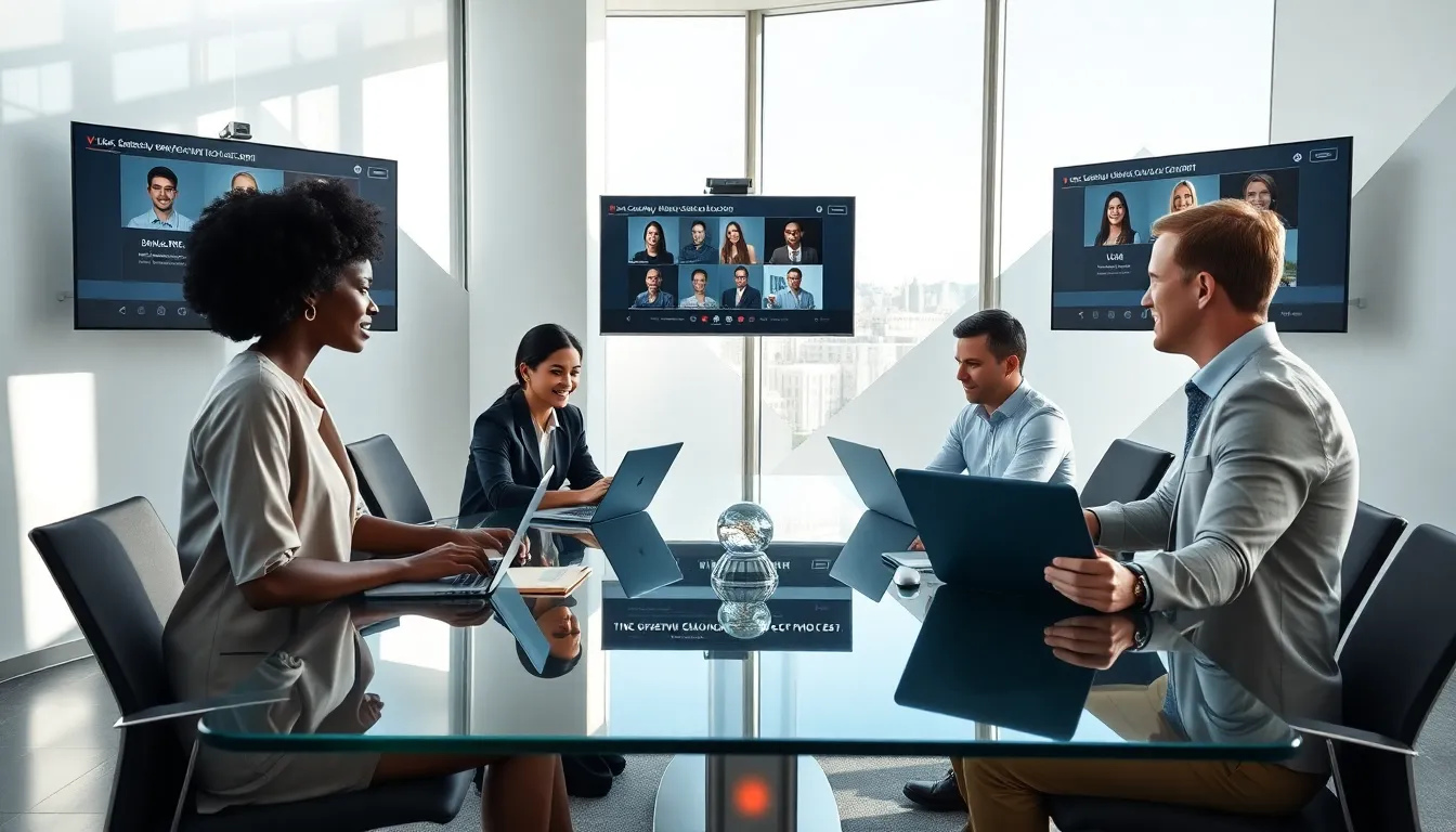 diverse professionals collaborating in a modern office using Lyncconf.com