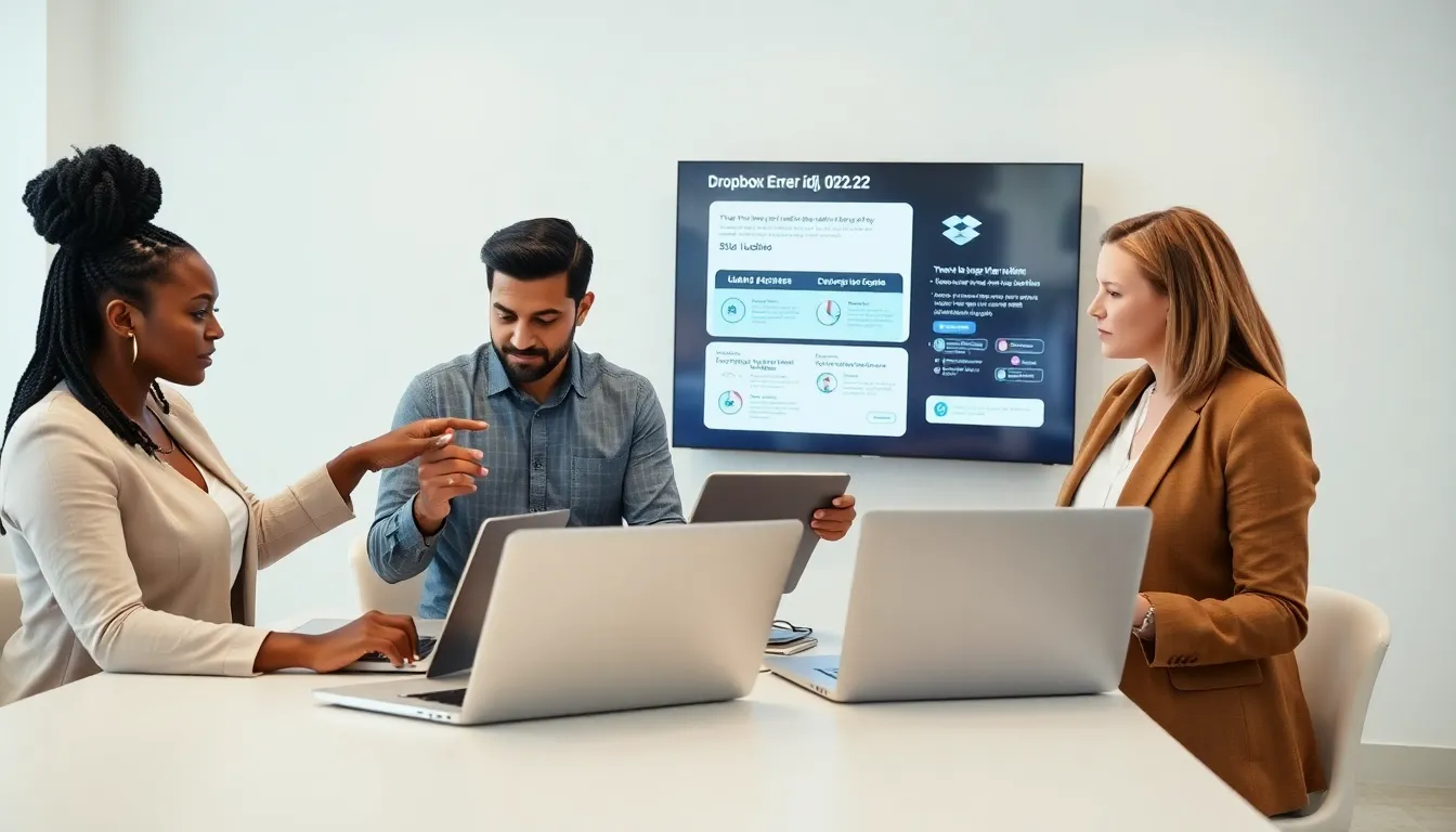 diverse team analyzing Dropbox error codes in a modern office.