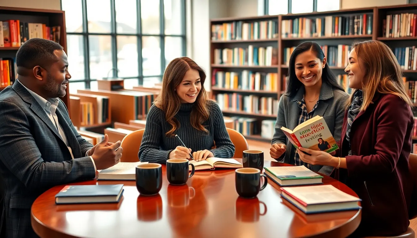 Nolmenes Palken discussing her books with diverse authors in a cozy bookstore.