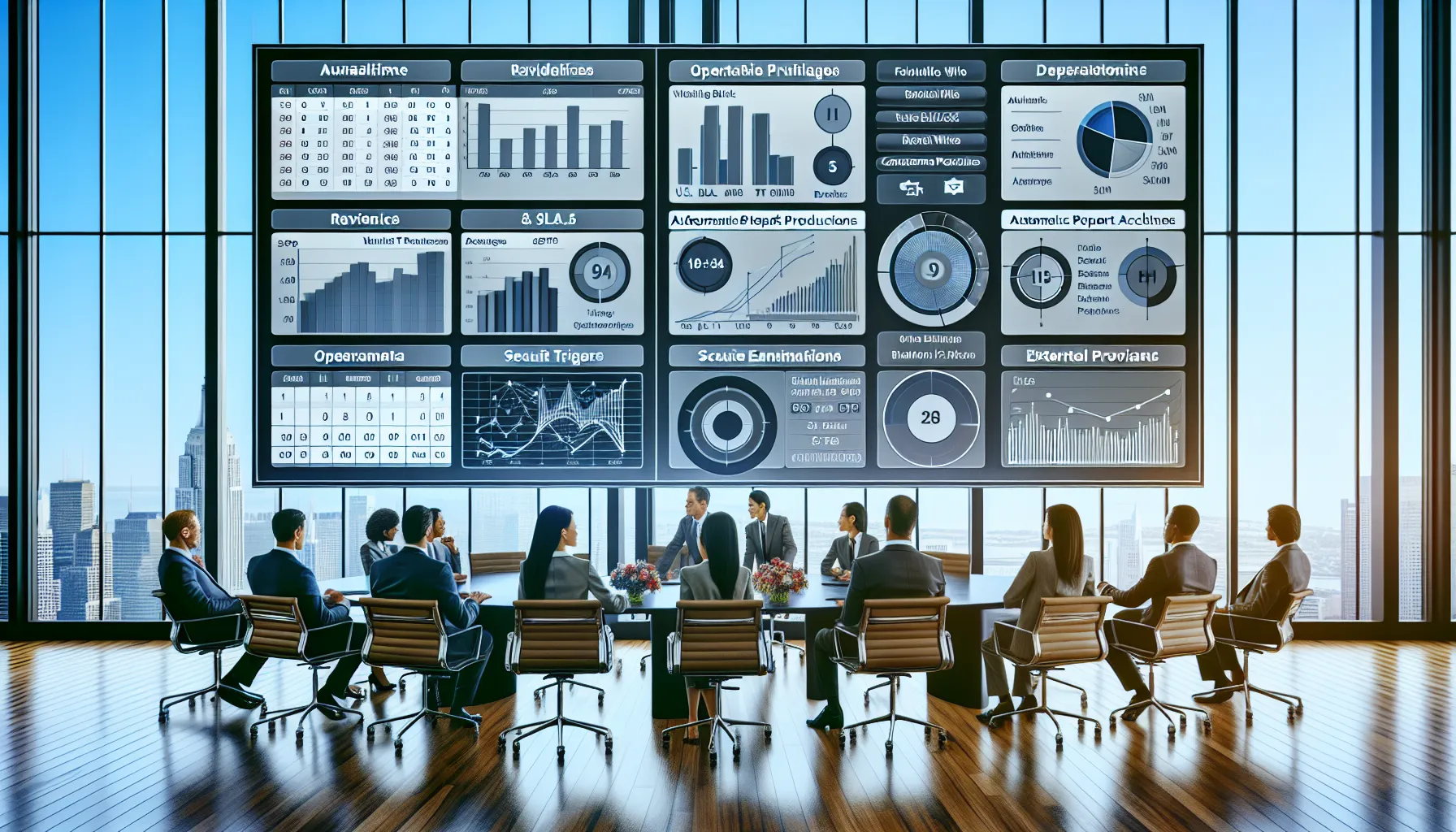 Team reviews automated Tableau report scheduling and distribution dashboards in a modern office.